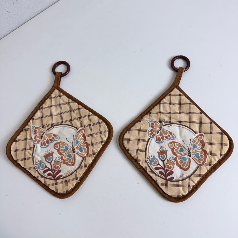 2 Vintage 70s Butterfly Pot Holders Brown